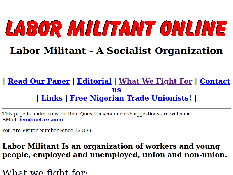 Labor Militant's first archived webpage